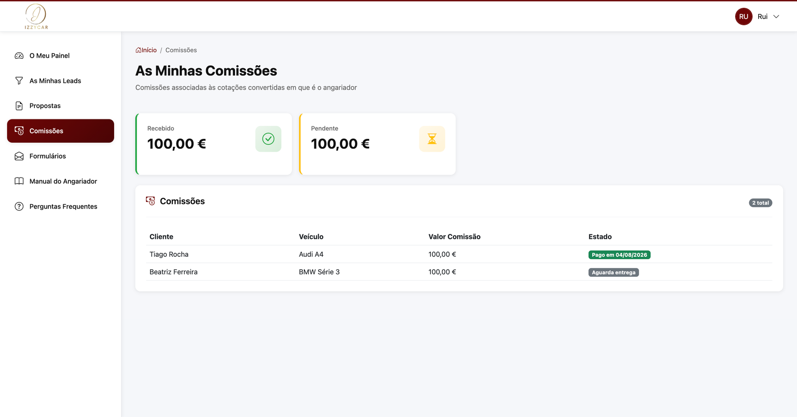Página de comissões do angariador