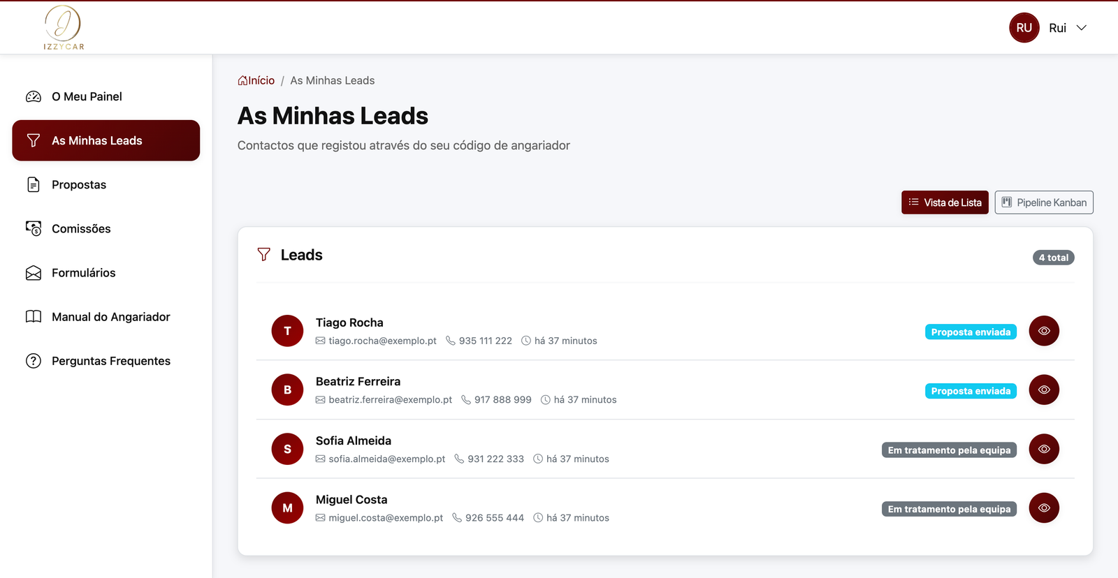 Lista de leads do angariador